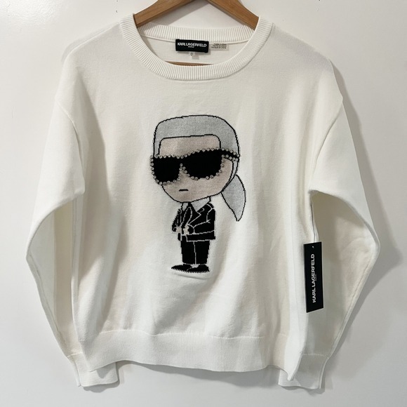 Karl Lagerfeld Paris Womens Crewneck Sweater Karlito Graphic Print White - Picture 3 of 8